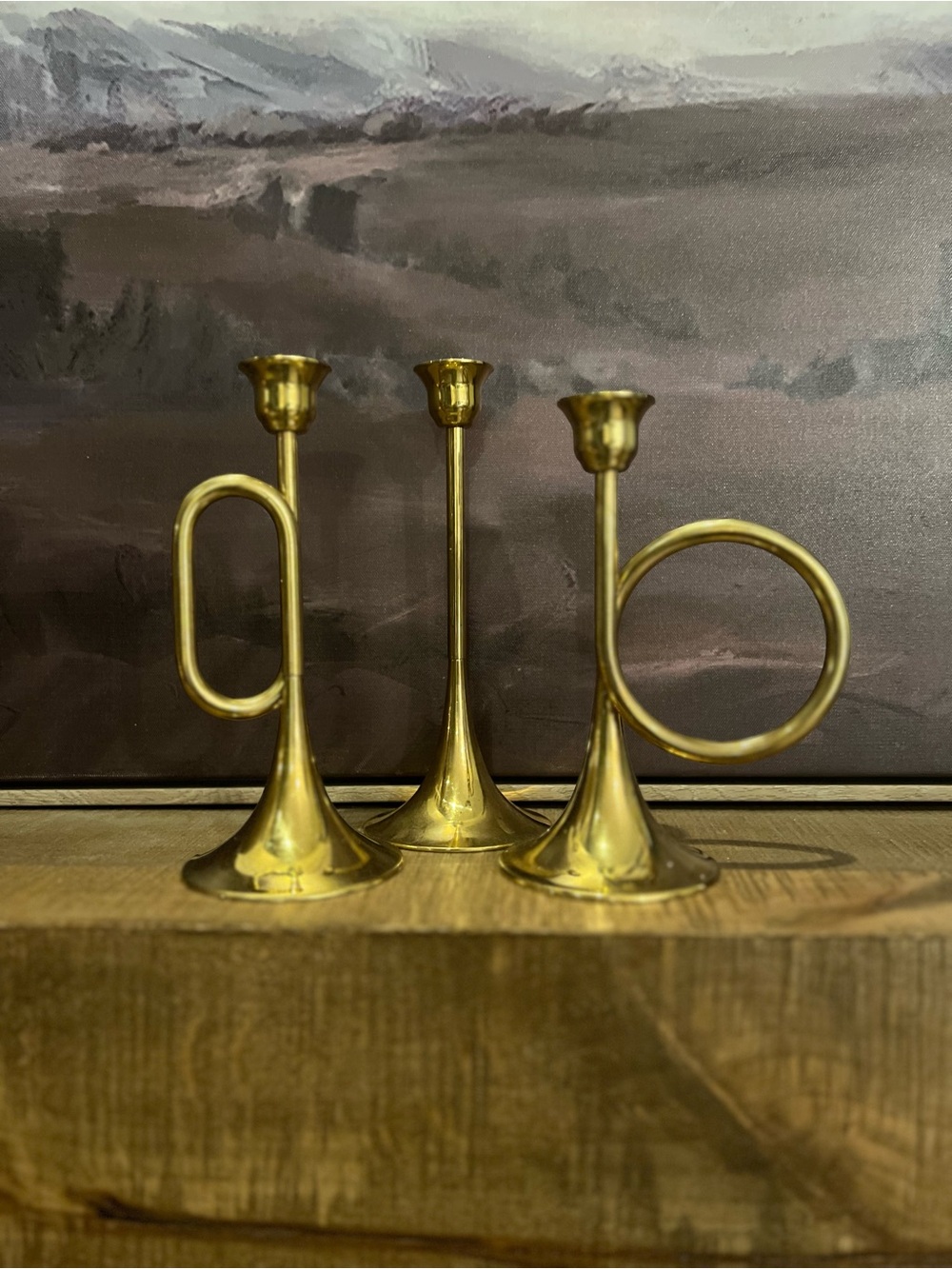 Vintage Silvestri Brass Bugle Horn Candlestick Holders Set of 3